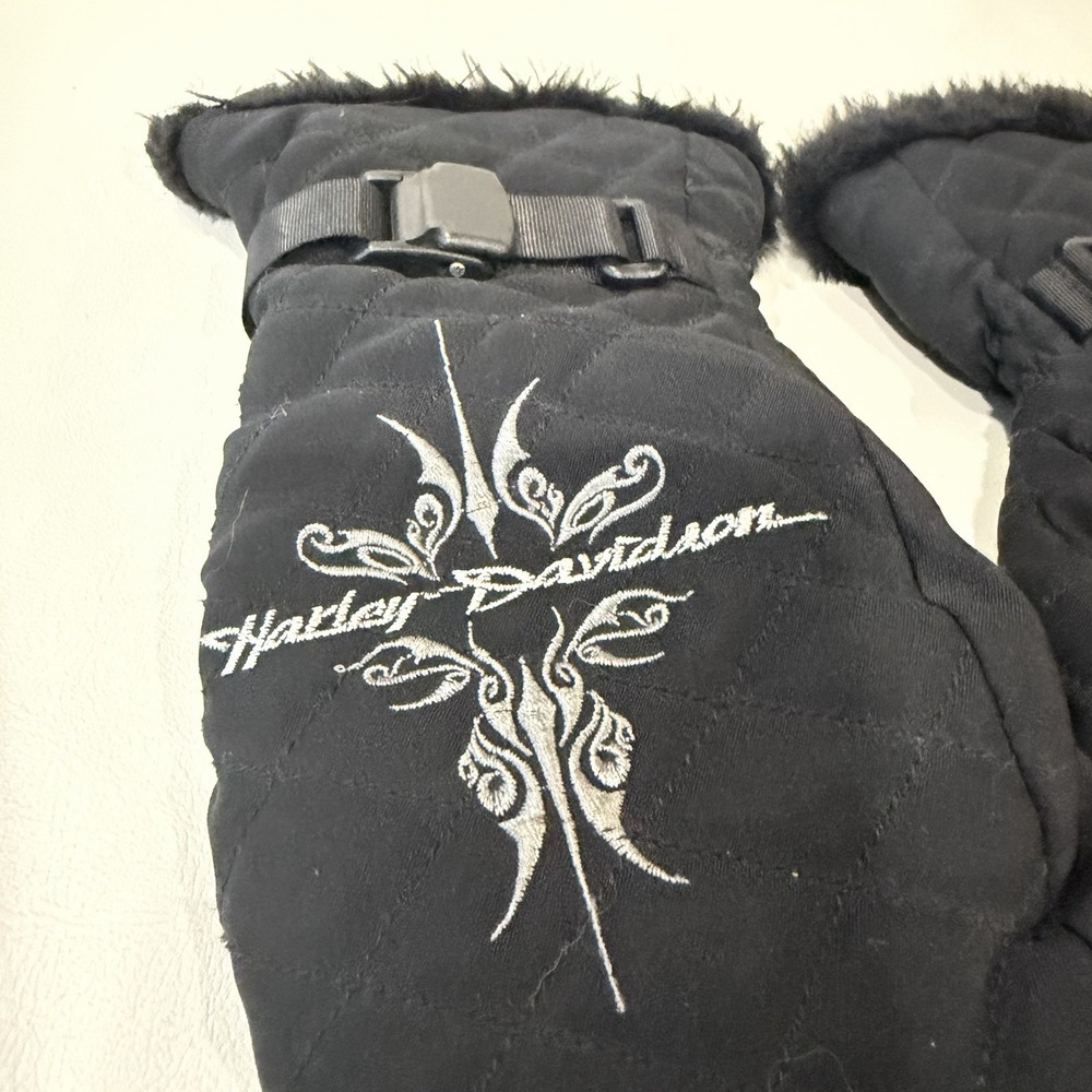 Harley-Davidson Women's Small Quilted Winter Mittens Black Faux Fur 2005